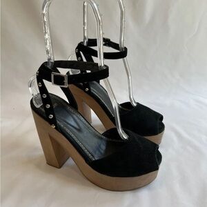 Maje Black Suede Open Toe Platform Studded Block‎ High Heels Size 40 Whimsigoth